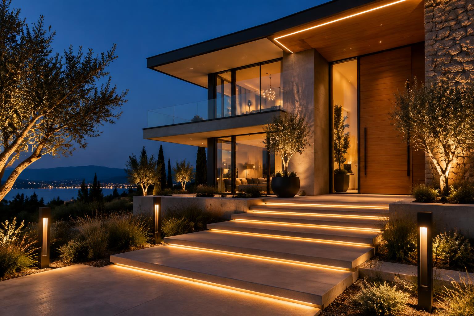 Modern home at dusk with warm LED step lights, garden uplighters and path bollards